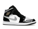Air Jordan 1 Mid SE Patent Black White Metallic Silver Metallic Gold - 360°