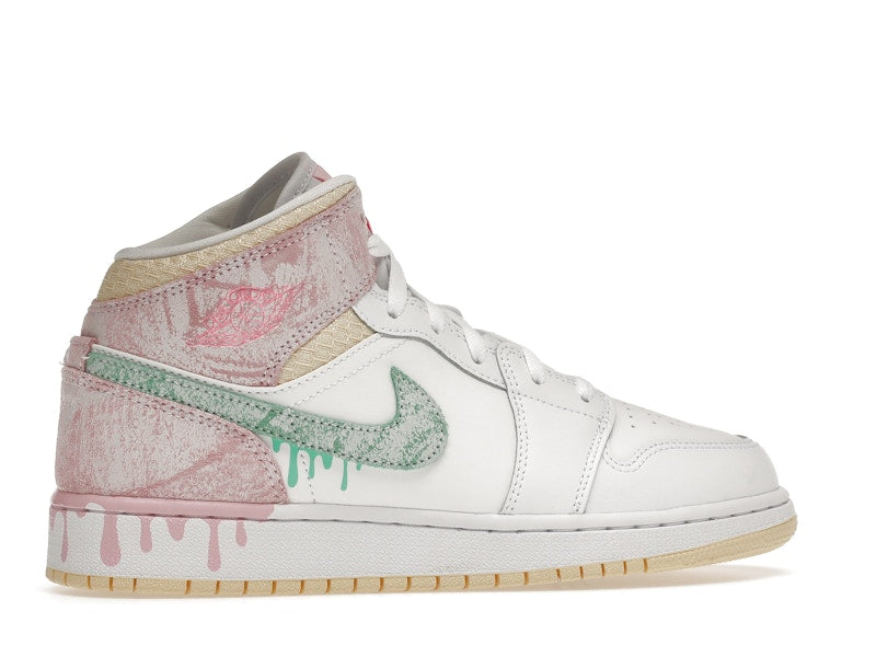 Air Jordan 1 Mid Paint Drip (GS) - White/Green Glow-Arctic Punch - DD1666-100 - 34