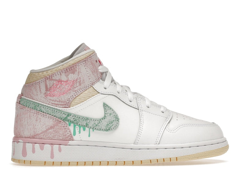 Air Jordan 1 Mid Paint Drip (GS) - White/Green Glow-Arctic Punch - DD1666-100 - 35